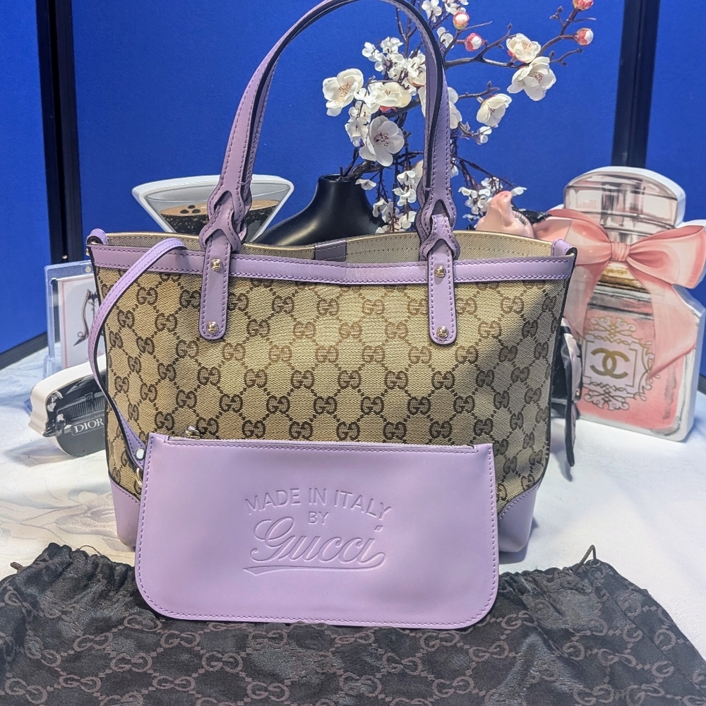 Gucci Monogram Craft Sm. Tote With Detachable Pouch - Beige With Lavender Trim🔥 - Picture 2 of 16
